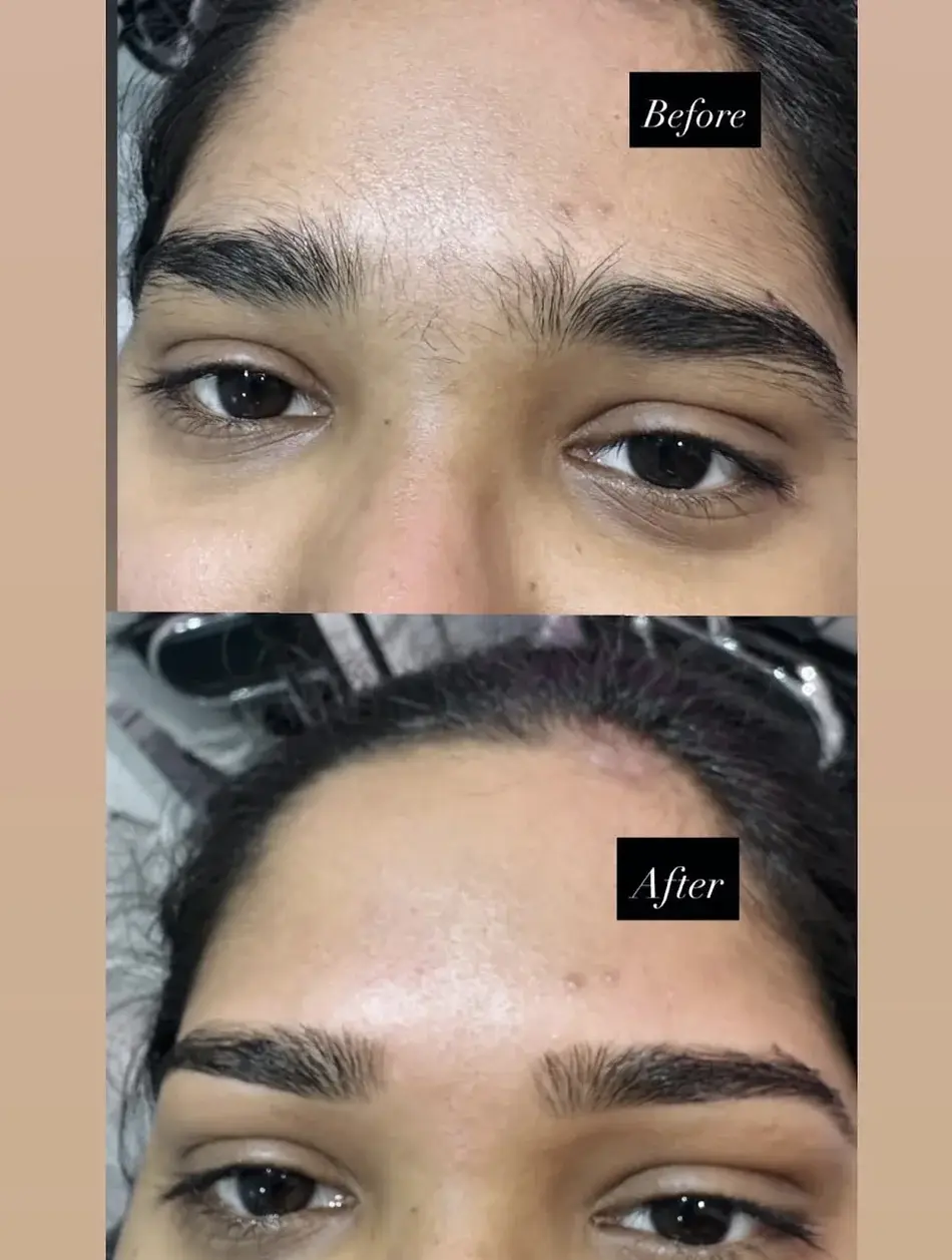 Eyebrow threading before and after showing natural brow shaping at Bhawani Beauty Guildford
