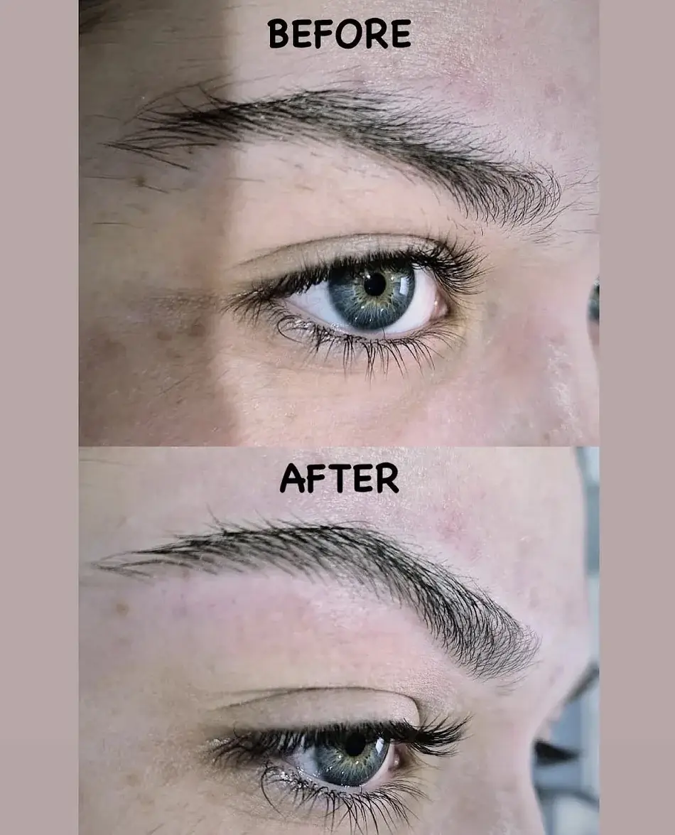 Before and after close-up of natural eyelashes for a lash treatment at Bhawani Beauty Guildford